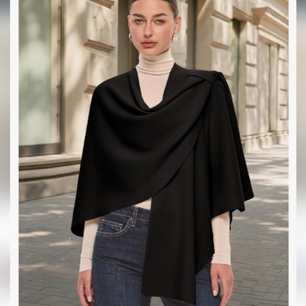 PULI Women's Large Cross Front Poncho Black EUC One Size - Picture 2 of 4